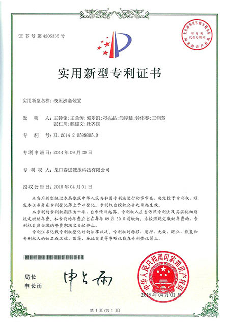 Hydraulic cylinder patent certificate2